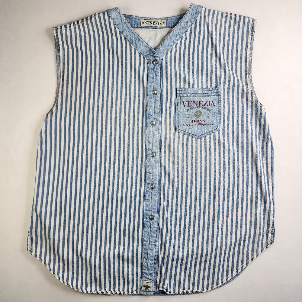 Venezia Blue Striped Sleeveless Button-Front Top